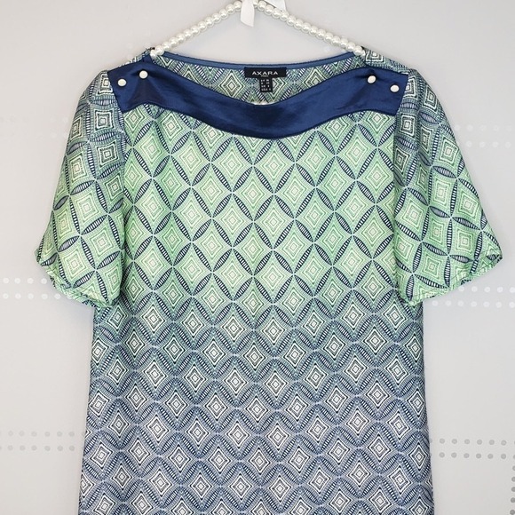 Axara Kelly Green and Navy Geometric Print Sheath Boat Neck‎ Dress EU 36 - Picture 2 of 6